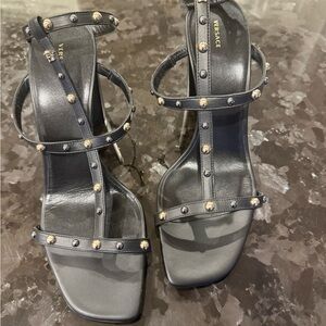 Versace Black Leather Studded Strappy Heels